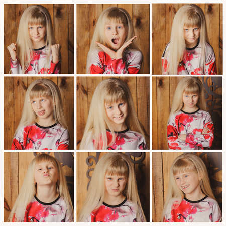 Young blond girl doing facial expressions on brow background.の写真素材