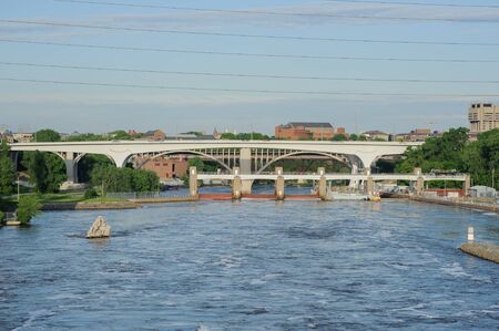 View on Mississippi river Minneapolis, USA, Summer, May 2017, Bridge, horizontalのeditorial素材