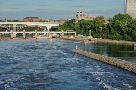 View on Mississippi river Minneapolis, USA, Summer, May 2017, Bridge, horizontalのeditorial素材