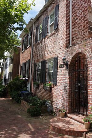 red brick facade of houses, windows with black shutters, green bushes and flowers, vertical