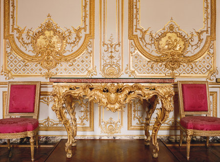 Versailles, France - 10 August 2014 : Wood wall with gold ornaments at Versailles Palace ( Chateau de Versailles ). のeditorial素材