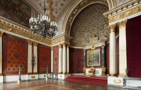 Saint Petersburg, Russia - 03 March 2015: Imperial throne and palace in Saint Petersburg with gold wallsのeditorial素材