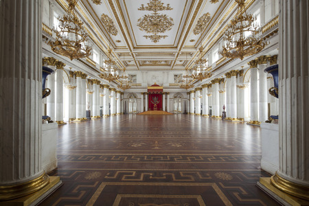 Saint Petersburg, Russia - 03 March 2015: Imperial throne and palace in Saint Petersburg with gold wallsのeditorial素材