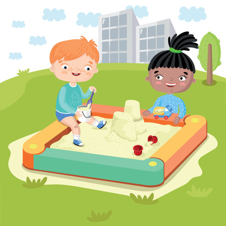 Childrens world without prejudice. Multicultural characters children play together on the Playground. Vector illustration.のイラスト素材
