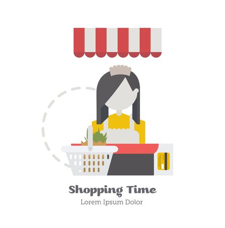 Seller the girl behind the counter with shopping cart and credit card. Flat Vector Illustration.のイラスト素材