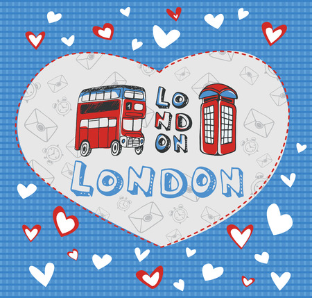 Template Postcard double decker bus and phone booth on the theme London.のイラスト素材