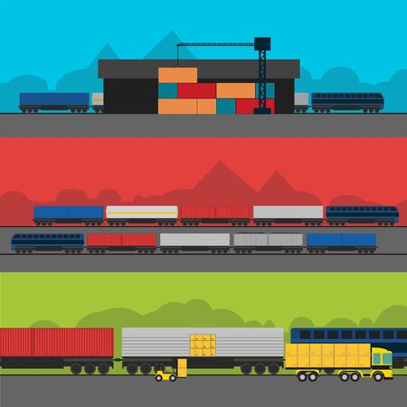 Logistic Infographics banners set for Web or Mobile aplication. Process of Delivery abstract goods by rail. Flat Vector Illustration.のイラスト素材