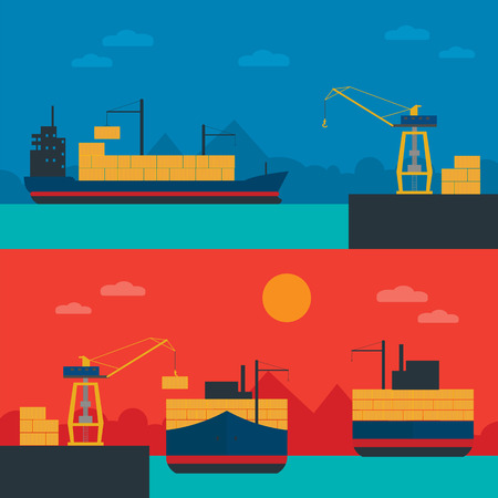 Logistic Infographics banners set for Web or Mobile aplication. Process of Delivery abstract goods in sea port. Flat Vector Illustration.のイラスト素材