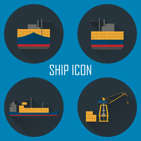 Logistic icon set. Process of Delivery abstract goods by the ship to sea port. Flat Vector Illustration.のイラスト素材