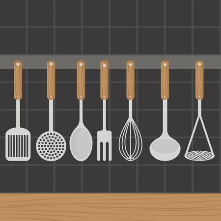 Kitchen utensils weighs on a wall in the kitchen. Vector illustration.のイラスト素材