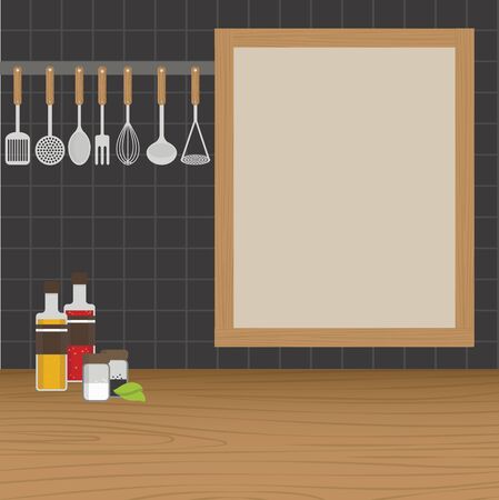Kitchen utensils weighs on a wall in the kitchen. Vector illustration.のイラスト素材