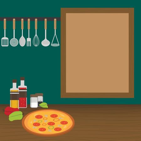 Kitchen utensils weighs on a wall in the kitchen. Vector illustration.のイラスト素材