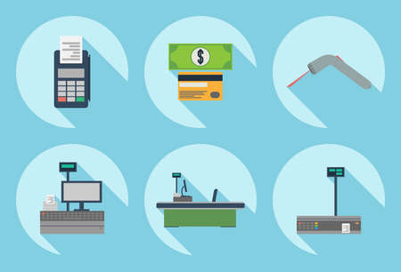 Supermarket Vector icons. Checkout area. With offices around the individual elements. Payment by card and cash.のイラスト素材