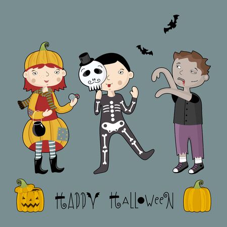 Children frighten each other in scary costumes on Halloween. With text Happy Halloween.のイラスト素材