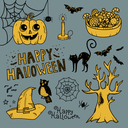 Halloween. Little girl in witch costume on three pumpkins. Vector illustration.のイラスト素材