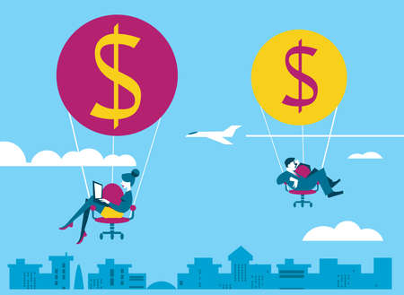 Abstract business concept. Two people flight in the sky on money. Vector illustration.のイラスト素材