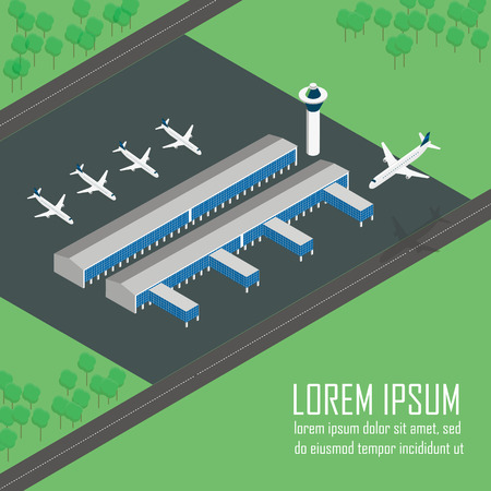 Airport Terminal with parked aircraft in vector isometric view.のイラスト素材