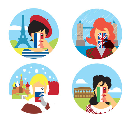 People make Selfie on smartphone on tourist attractions of Paris, England, Rome and Moscow. Vector Illustration.のイラスト素材