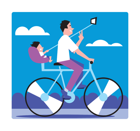 The child makes selfie walking on a bike with his dad. Vector illustration.のイラスト素材