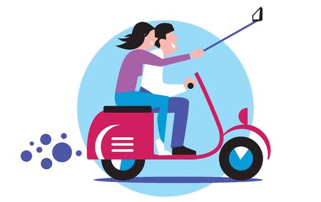 Young couple making selfie behind the wheel scooter. Vector illustration.のイラスト素材