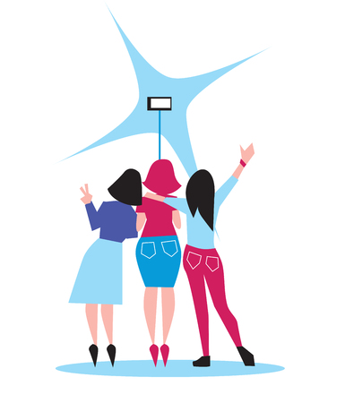 Three girl doing selfie on selfie stick.のイラスト素材