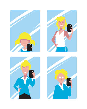 Young girl doing selfie in different situations on the smartphone. Vector illustration.のイラスト素材