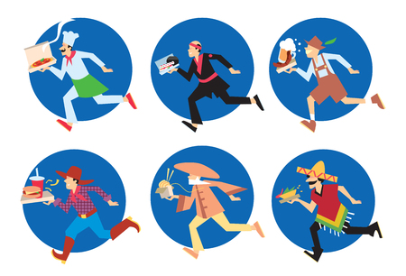 Delivery service of fast food pizza, burger, sushi icons set of cartoon character manのイラスト素材