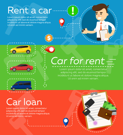 Rent a cars and trading Cars in flat design web banners elements. Keys to the car on rent. Rental car infographic. Web design elements.のイラスト素材