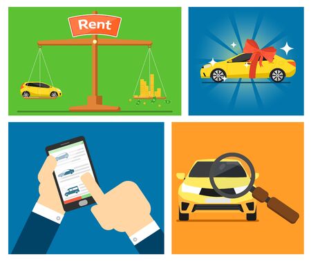 Rent a cars and trading Cars in flat design web banners elements. Keys to the car on rent. Rental car infographic. Web design elements.のイラスト素材