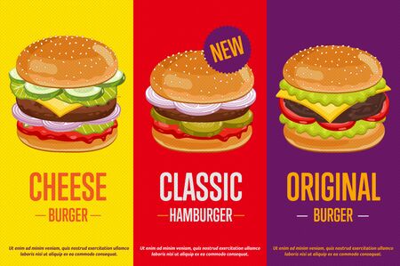 Classic Burger and cheeseburger template flyer vector illustration elements. Set of abstract advertising banners about fast food meal. Three banners of different burgers of vintage style.のイラスト素材