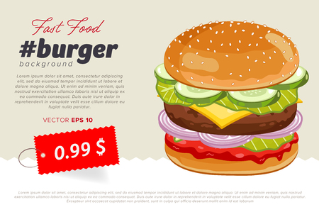Cheeseburger banner design template. Fast food restaurant menu template vector illustration elements with abstract advertising tags. Vector cheeseburger with abstract text for design or web banners.のイラスト素材