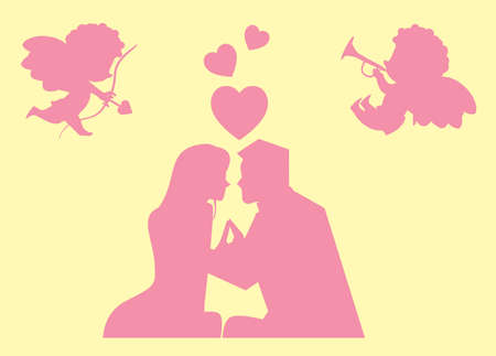 Man greeting Woman with Happy Valentine Day. Love, heart, gift. Romantic days. Cartoon Vector illustration.のイラスト素材