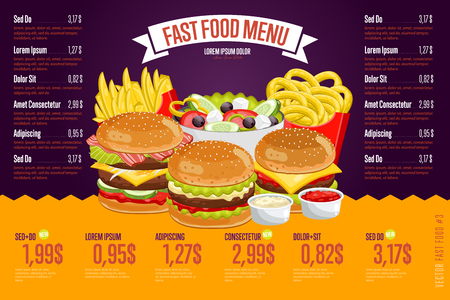 Fast Food Restaurant Menu Template Vector Illustration Elements. Set of Abstract Advertising Price Tags about Fast Food Meal. Burger, Fries, Onion and Salad.のイラスト素材