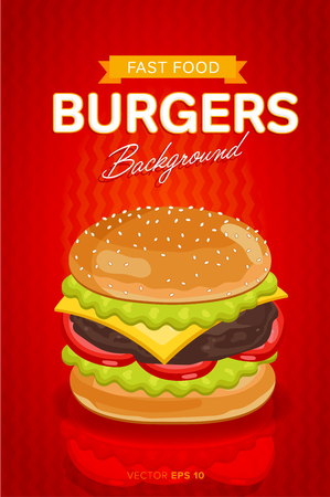 Cheeseburger banner design template. Fast food restaurant menu template vector illustration elements with abstract advertising tags. Vector cheeseburger with abstract text for design or web banners.のイラスト素材