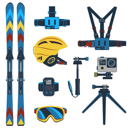 Ski equipment or ski kit. Extreme winter sports. Ski, ski camera, ski boots and other extreme ski clothes. Vector set of ski icons.のイラスト素材