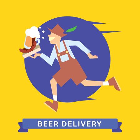Delivery service of Beer and Sausage on cartoon character man. Beer and Sausage Delivery Service. Beer and Sausage Food Delivery.のイラスト素材