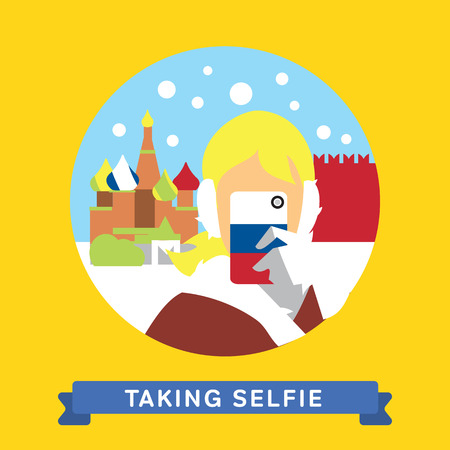 Girl doing selfie on smartphone in Moscow, Russia. Take a photo selfie. Vector illustration.のイラスト素材