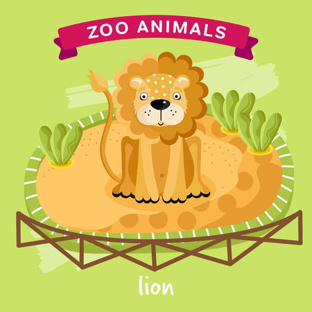 Vector Zoo Animals series, Animal in a cage, Lion Illustration Cartoon Character. Cartoon Zoo Animal. Vector Lionのイラスト素材