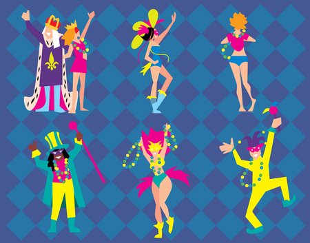 Mardi Gras Vector Illlustration. Dancers, costumes, clowns, actors on Mardi Gras Festival. Peoples on Mardi Gras Festival.のイラスト素材