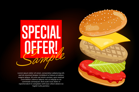 Burger on Black Background. Chicken Burger with abstract text on black background.のイラスト素材