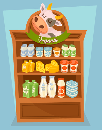 Dairy products on supermarket shelf, dairy food. Different vector dairy products. Milk products, cream and other dairy food. Farmer food on the shelf.のイラスト素材