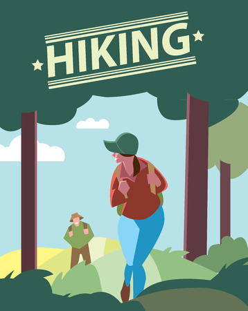 Creative poster or flyer of backpackers hiking on the path of mountain. Hikers walking, outdoor camping.のイラスト素材