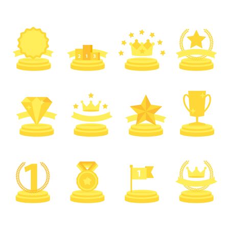 Medal and winner icon set, blank label of first place, flag, star of flat design style, vector illustration.のイラスト素材