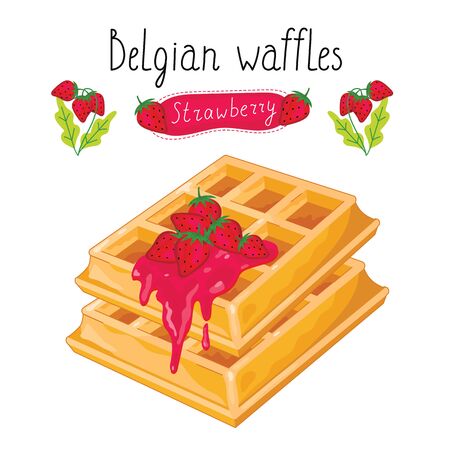 Belgian waffles with strawberry jam on white background, vector illustration.のイラスト素材