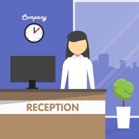 Secretary stands behind a reception in front of the computer in the office.のイラスト素材