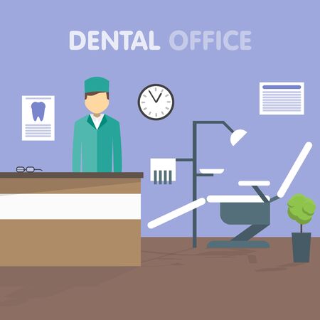 Dentist at his workplace. The dental chair. On the wall hang the clock. Dental Clinic. Vector illustration in a flat style.のイラスト素材