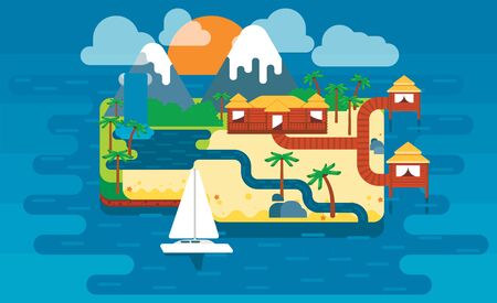 Paradise island, colorful cute vector illustration. Island with palm trees and houses.のイラスト素材