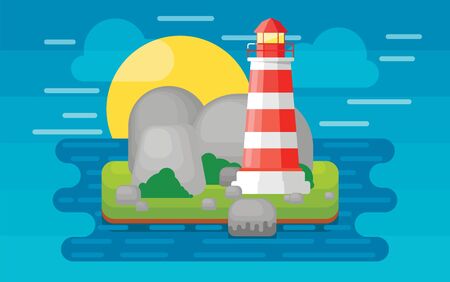Lighthouse on the island in the sea, vector illustration in flat style.のイラスト素材