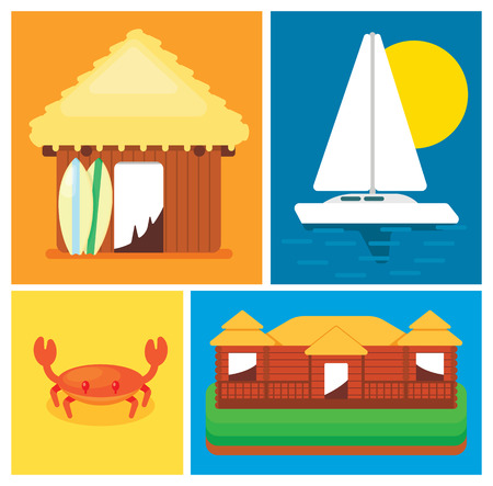Elements of the concept leisure on island. House, sailing boat, crab, cottage. Vector illustration in a flat style.のイラスト素材