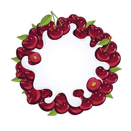 Yogurt splash isolated on cherry. Milk splash, cherry yogurt. Yogurt Packaging Design Template. Vector illustration.のイラスト素材